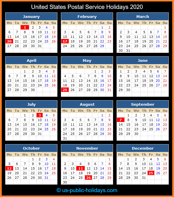 United States Postal Service Holiday Calendar 2020